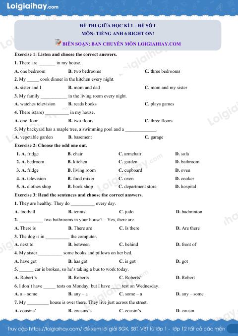 Đề thi giữa kì 1 Tiếng Anh 6 Right on! - Đề số 1